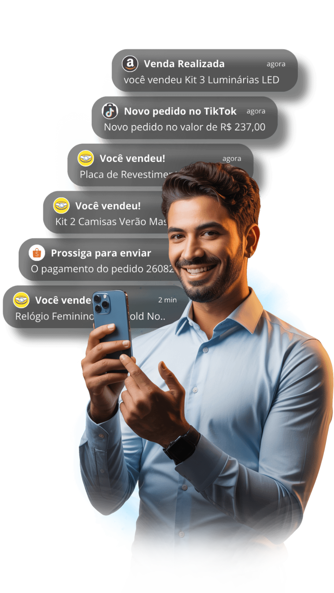 Seller recebendo notificações de vendas em Mercado Livre, Shopee, TikTok Shop e Amazon
